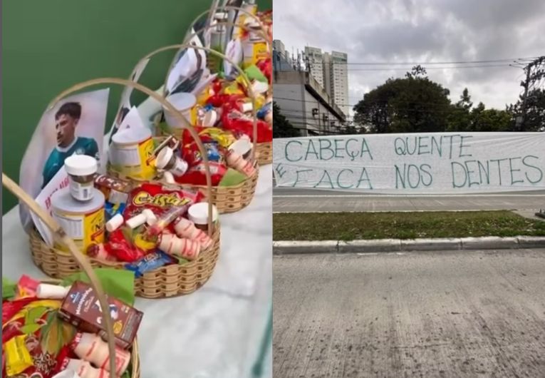 imagem da materia: Cesta de “amizade” e faixas, torcida do Palmeiras protesta