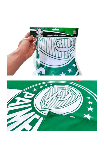 Bandeira oficial do Palmeiras sendo exibida na embalagem e estendida parcialmente, mostrando o escudo do clube em destaque.