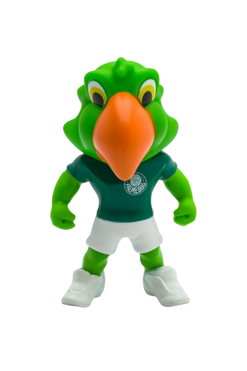 Boneco do mascote do Palmeiras em estilo infantil, com corpo verde, bico laranja, camisa verde do clube e shorts brancos.