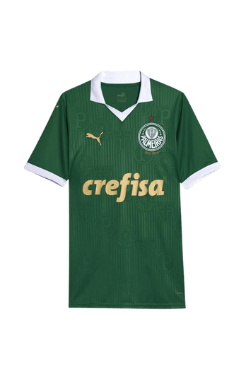 Camisa oficial do Palmeiras na cor verde, com detalhes brancos na gola e mangas, logotipo da Puma e escudo do clube no peito.