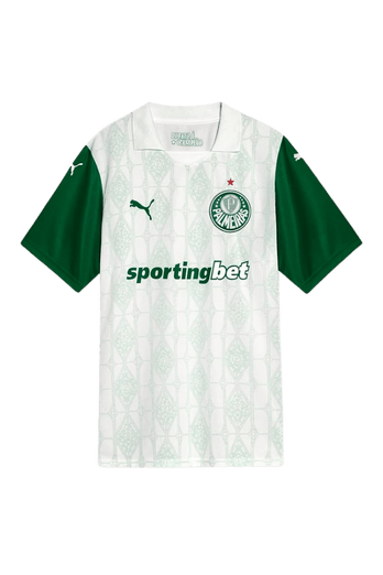 Camisa oficial do Palmeiras predominantemente branca com mangas verdes, detalhes gráficos no tecido, escudo do clube e logotipo da Puma no peito.