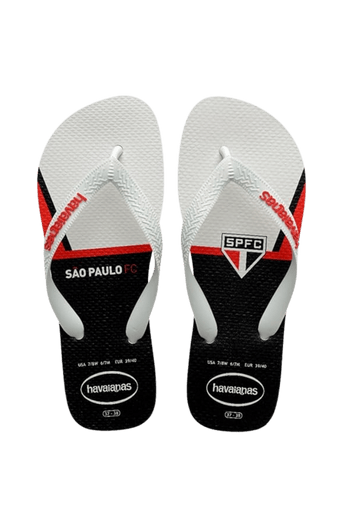 Chinelo Havaianas Top São Paulo na cor branca, modelo licenciado com estampa do escudo do clube.