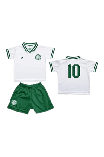Conjunto infantil do Palmeiras composto por camisa branca com detalhes verdes, número 10 nas costas e shorts verdes com o escudo do clube.