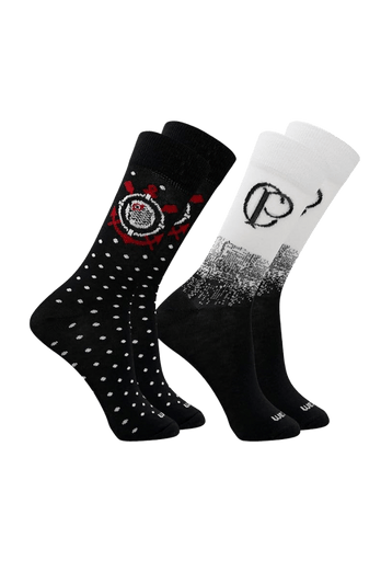 Kit com 2 pares de meias casuais cano médio do Corinthians, oficiais e licenciadas pela Rikam.