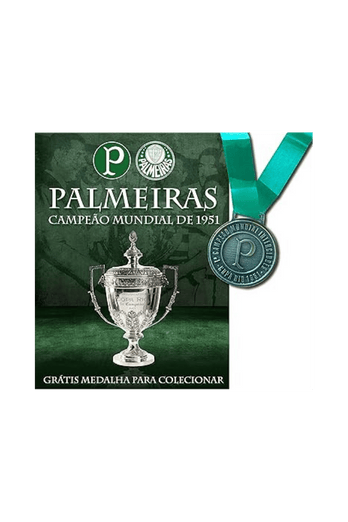 Arte comemorativa do Palmeiras Campeão Mundial de 1951, com a taça do torneio e uma medalha verde decorativa ao lado.