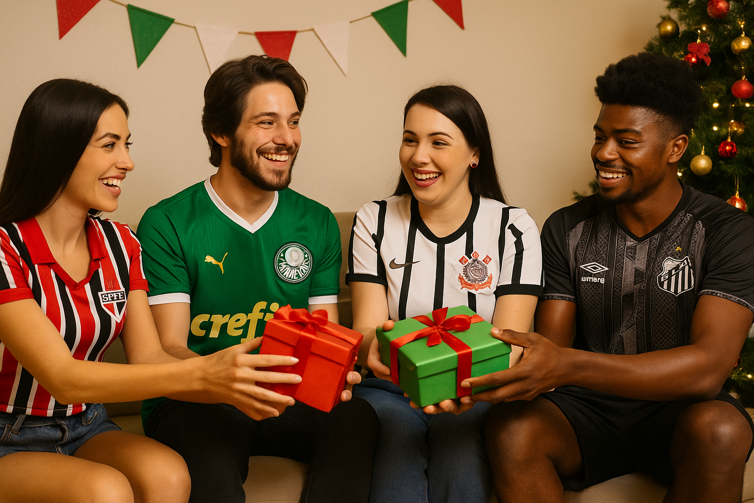Torcedores de São Paulo, Palmeiras, Corinthians e Santos trocando presentes de amigo secreto em clima natalino, representando o espírito esportivo e a amizade entre rivais.