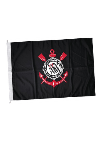 Bandeira do Corinthians oficial com escudo alvinegro e detalhes em preto, branco e vermelho.