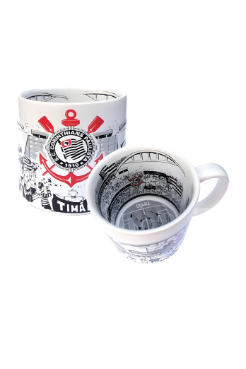 Caneca do Corinthians com o escudo oficial, ideal para torcedores apaixonados pelo Timão.