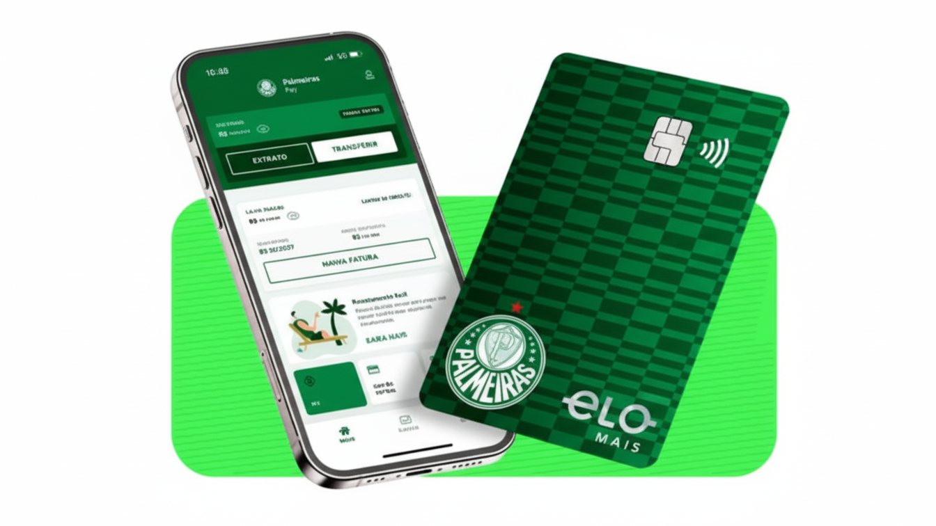 Cartão de crédito do Palmeiras em destaque sobre fundo verde, com design oficial do time.