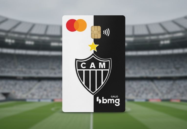 Cartão de crédito do Atlético Mineiro com escudo do Galo no estádio