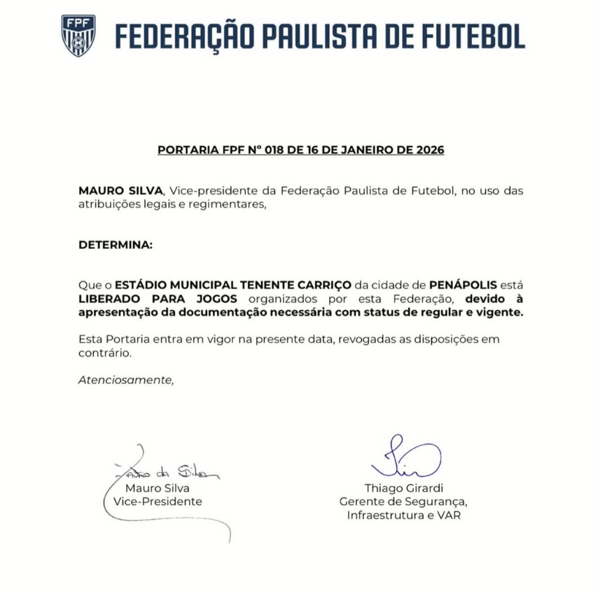 O Clube Atlético Penapolense anunciou, no último sábado, 17, que o Estádio Municipal Tenente Carriço foi liberado oficialmente pela Federeção Paulista de Futebol (FPF) para receber partidas do Paulistão A4 de 2026.