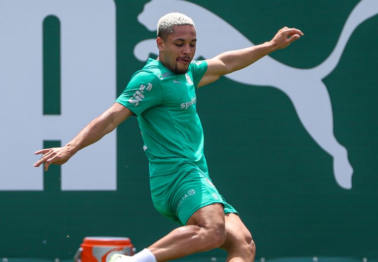 imagem da materia: Vitor Roque participa de parte do treino do Palmeiras