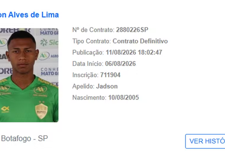 Jadson é registrado no BID como jogador do Botafogo-SP — Foto: Reprodução