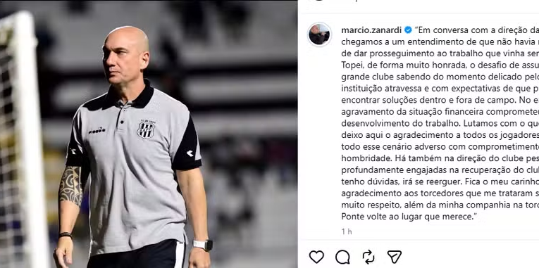 Márcio Zanardi deixa a Ponte Preta - Foto: Reprodução Redes Sociais