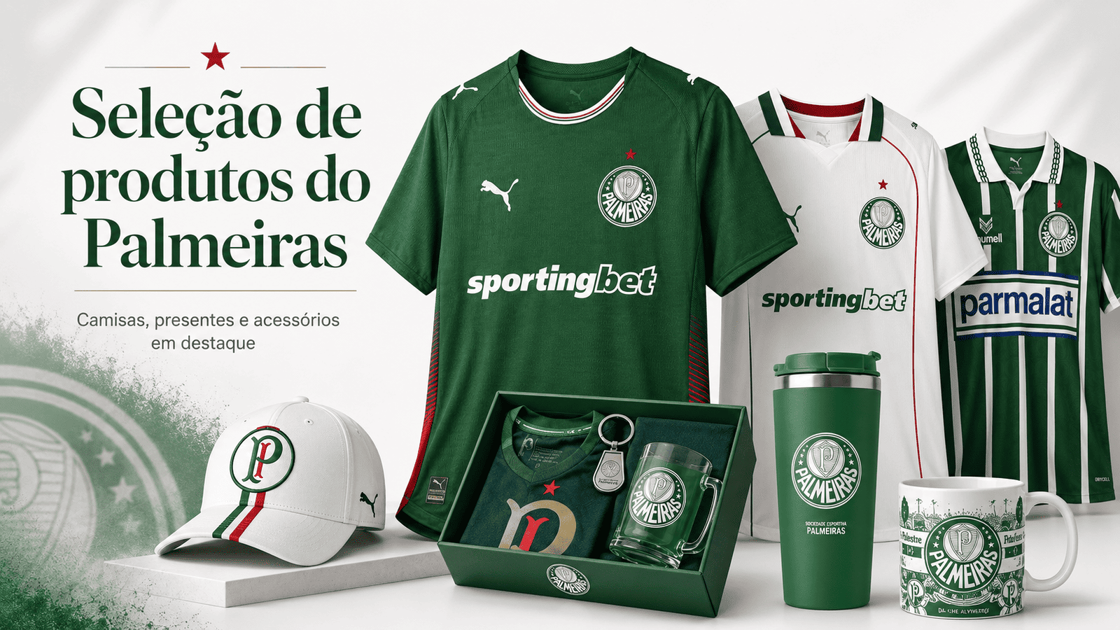 Seleção de produtos do Palmeiras com camisas, presentes e acessórios em destaque
