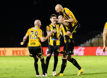 Elenco do Novorizontino celebra gol contra a Ponte Preta — Foto: Juan Rodrigues
