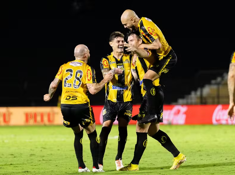Elenco do Novorizontino celebra gol contra a Ponte Preta — Foto: Juan Rodrigues